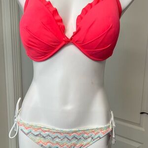 Victoria's Secret Coral Padded Bikini Top with Pastel Zigzag Bottom 36DD